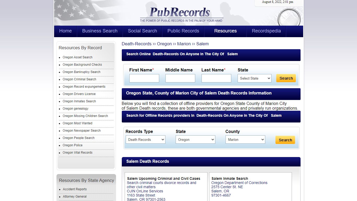 Salem, Marion County, Oregon Death Records
